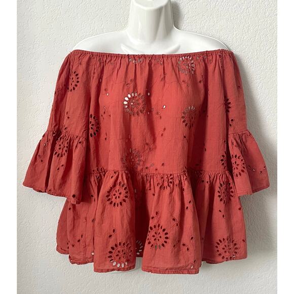 Boho Style Rust Orange Women's Top W/Eyelet Detail Off Shoulder Neckline Size Lg - Picture 1 of 7